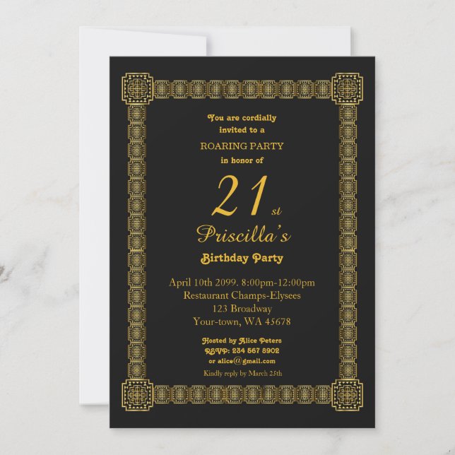 Invitation 21ème, fête d'anniversaire, style de Gastby, noir (Devant)