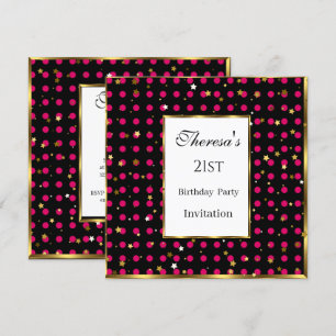 Invitation 21ème Hot rose Pois Gold Stars Anniversaire