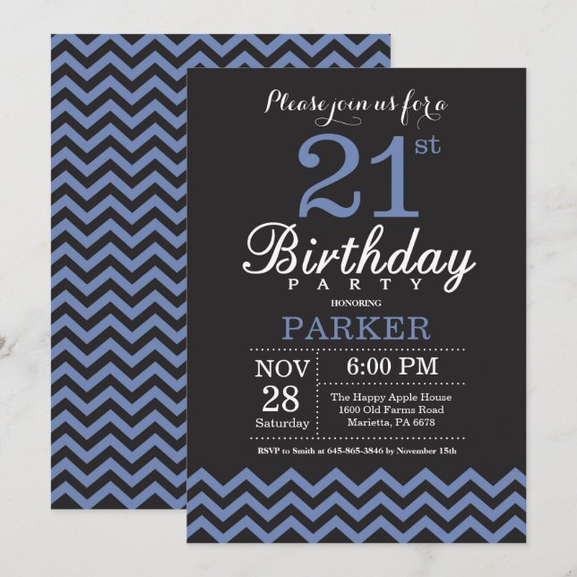 Invitation 21ème Noir et bleu d'invitation d'anniversaire (Devant / Derrière)