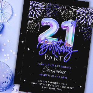 Invitation 21ème pour lui Blue Fireworks Foil Balloon anniver
