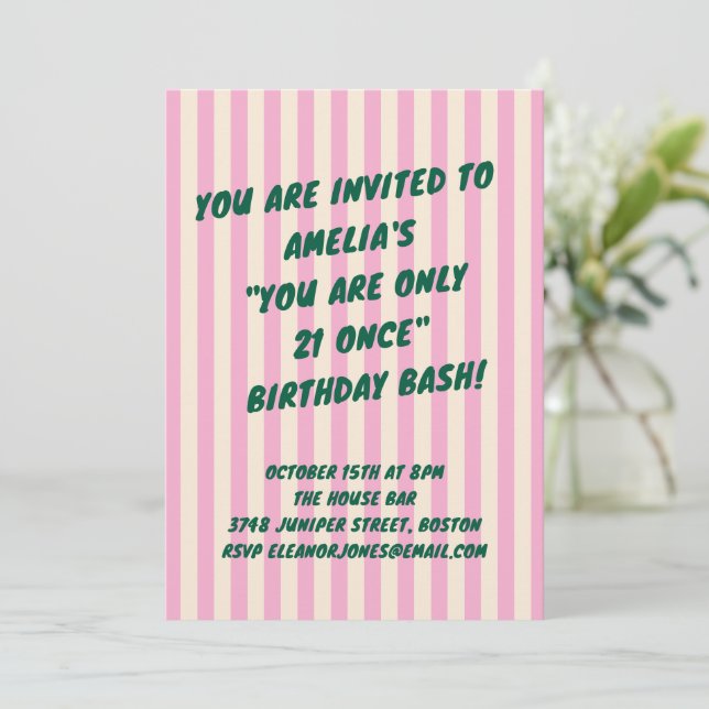 Invitation 21st Birthday Bash Pink Green Retro Stripes Party (Debout devant)
