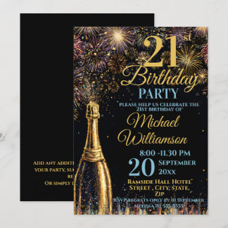 Invitation 21st Birthday Bubbly Fireworks Gold Blue