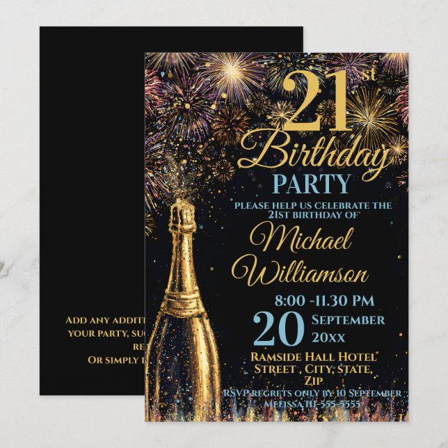 Invitation 21st Birthday Bubbly Fireworks Gold Blue (Devant / Derrière)