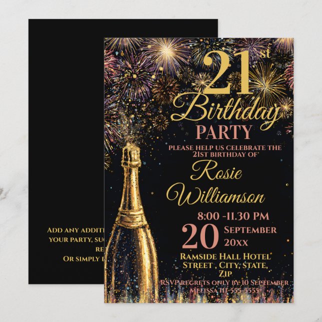 Invitation 21st Birthday Bubbly Fireworks Gold Pink (Devant / Derrière)