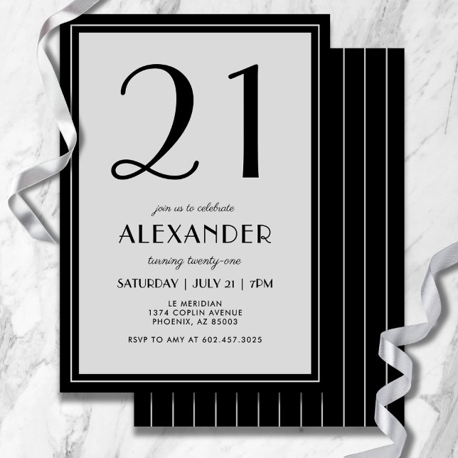 Invitation 21st Birthday Modern Minimalist Mens Black Gray (Modern black and light gray design—minimal, bold, and effortlessly stylish for 21.)