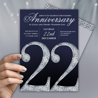 Invitation 22e Anniversaire Diamant Argent Bleu Foncé Ans