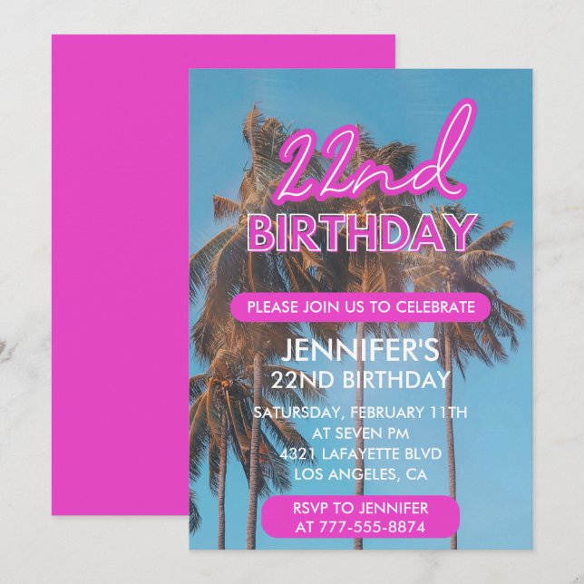 Invitation 22e anniversaire d'invitation Summer Pink Palm tre (Devant / Derrière)