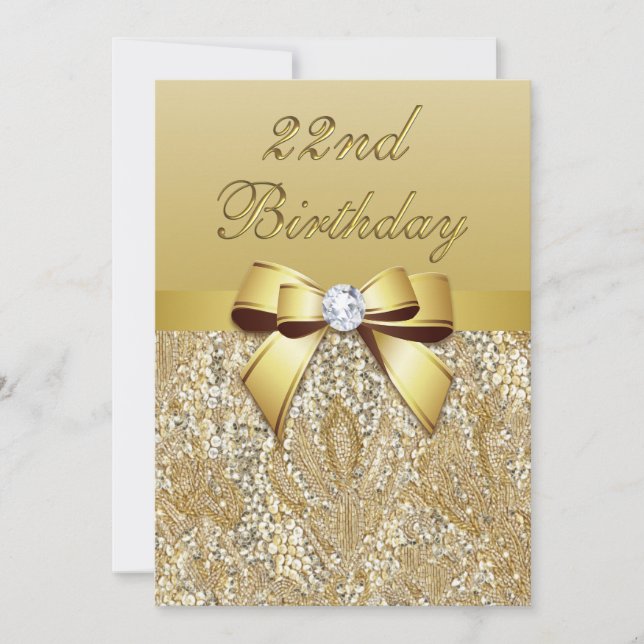 Invitation 22e anniversaire Séquins Gold Faux et Bow (Devant)