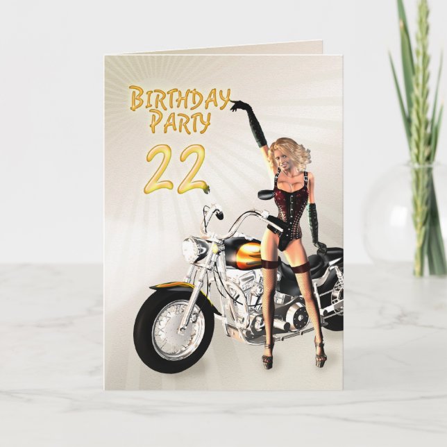 Invitation 22ème fête d'anniversaire avec une fille et moto (Devant)