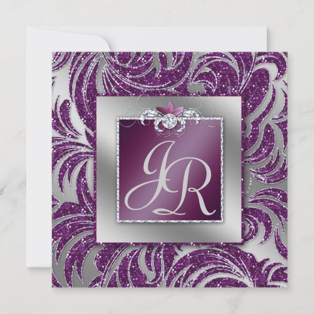 Invitation 232 Élégant Mariage Feuille Fleur Violet Paillette (Devant)
