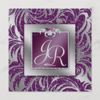 Invitation 232 Élégant mariage feuille floral violet scintill
