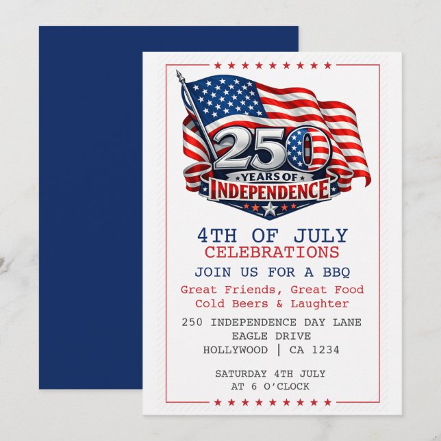 Invitation 250 Years of Independence 4th of July Party (Devant / Derrière)