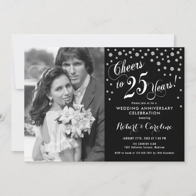 Invitation 25e anniversaire avec photo - Noir Blanc Argent (Devant)
