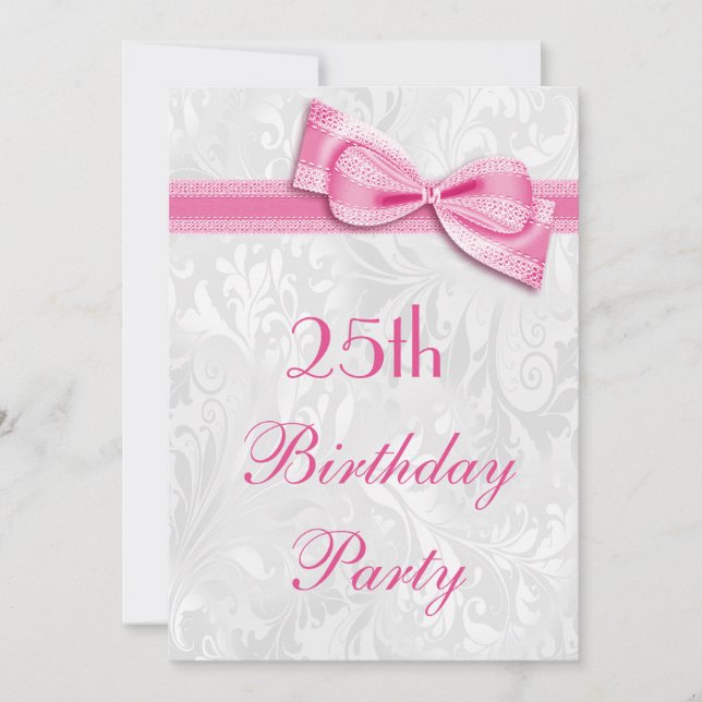 Invitation 25e anniversaire Damas et Pink Faux Bow (Devant)