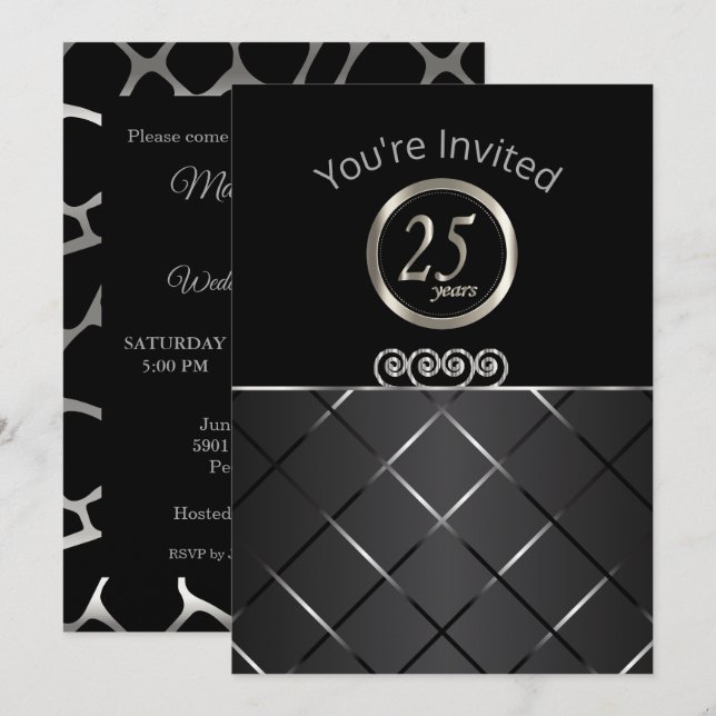 Invitation 25e Anniversaire d'Argent sur Noir (Devant / Derrière)