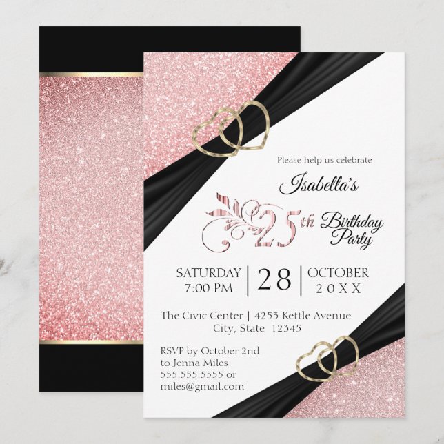 Invitation 25e anniversaire de la Parties scintillant rose et (Devant / Derrière)