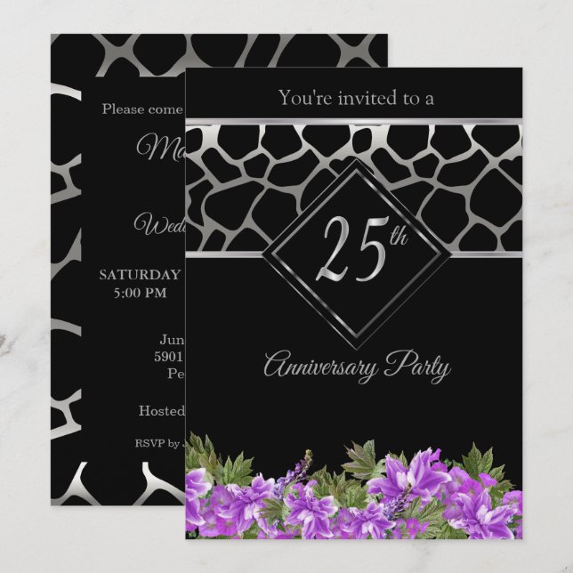 Invitation 25e Anniversaire de Mariage Argent avec Fleurs de  (Devant / Derrière)