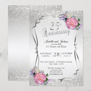 Invitation 25e anniversaire de mariage Argent et Fleurs