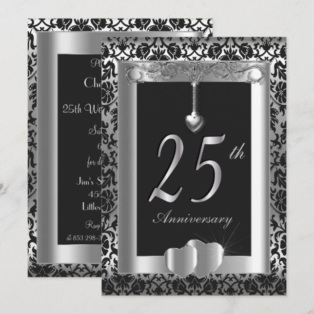 Invitation 25e anniversaire de mariage Argent et Noir | DIY (Devant / Derrière)