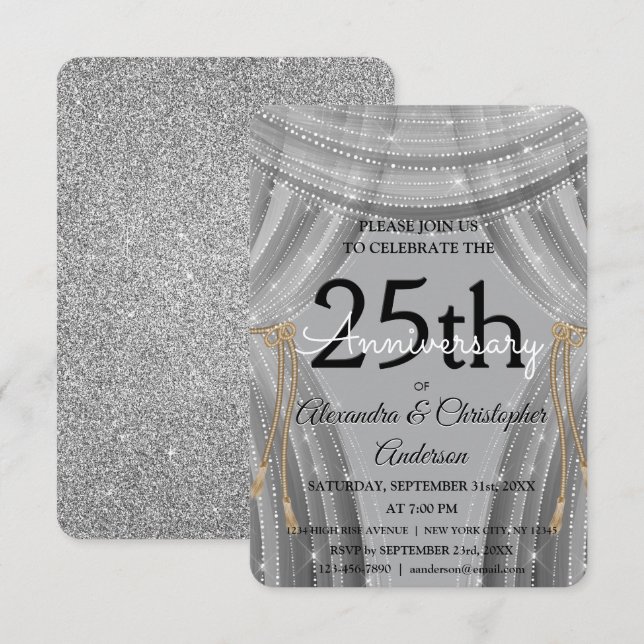 Invitation 25e Anniversaire de Mariage Argent et Noir Étincel (Devant / Derrière)