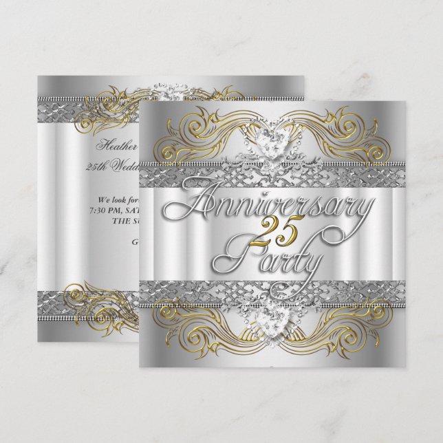 Invitation 25e Anniversaire de Mariage Argent Or Blanc (Devant / Derrière)