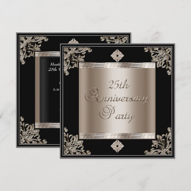 Invitation 25e Anniversaire de Mariage Art Déco Noir Sépia (Devant / Derrière)