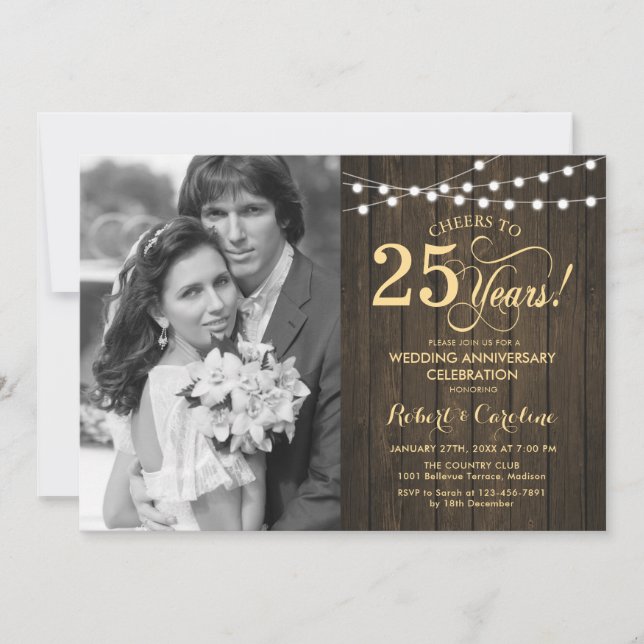 Invitation 25e anniversaire de mariage avec photo - Bois rust (Devant)