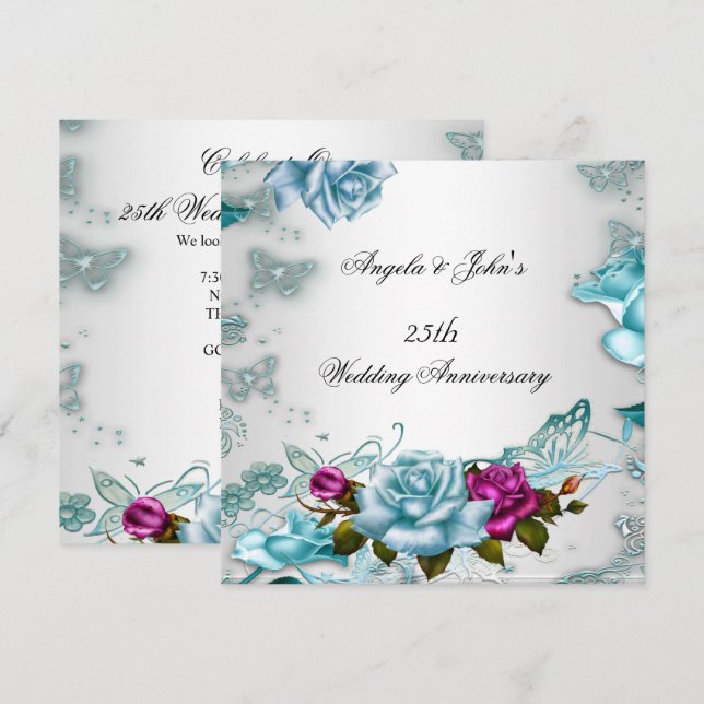 Invitation 25e Anniversaire de Mariage Bleu Floral Rose (Devant / Derrière)
