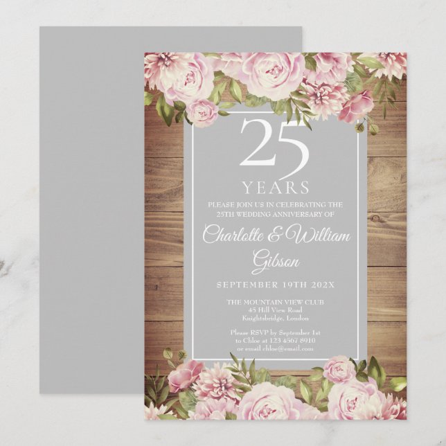 Invitation 25e Anniversaire de Mariage Bohème Rustique Roses (Devant / Derrière)