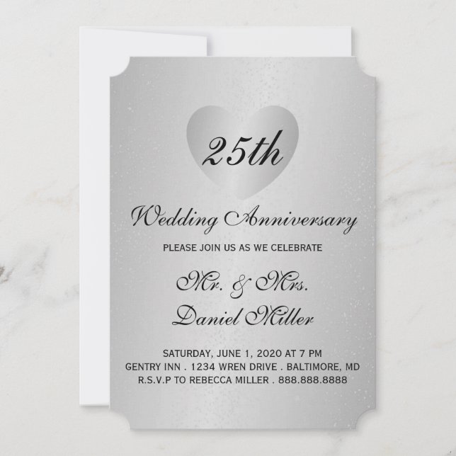 Invitation 25e Anniversaire de Mariage Cœur Argent (Devant)