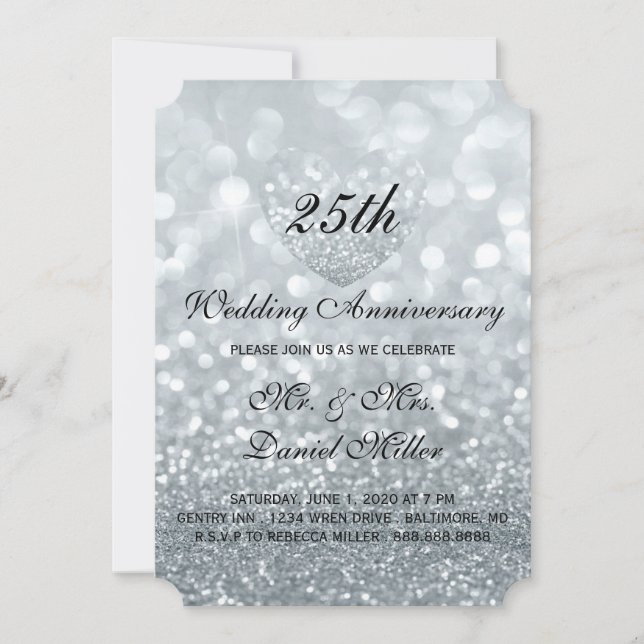 Invitation 25e Anniversaire de Mariage Cœur Pailleté d'Argent (Devant)