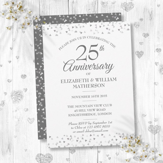 Invitation 25e Anniversaire de Mariage Cœurs d'Amour en Argen (25th Wedding Anniversary Silver Love Hearts Invitation)