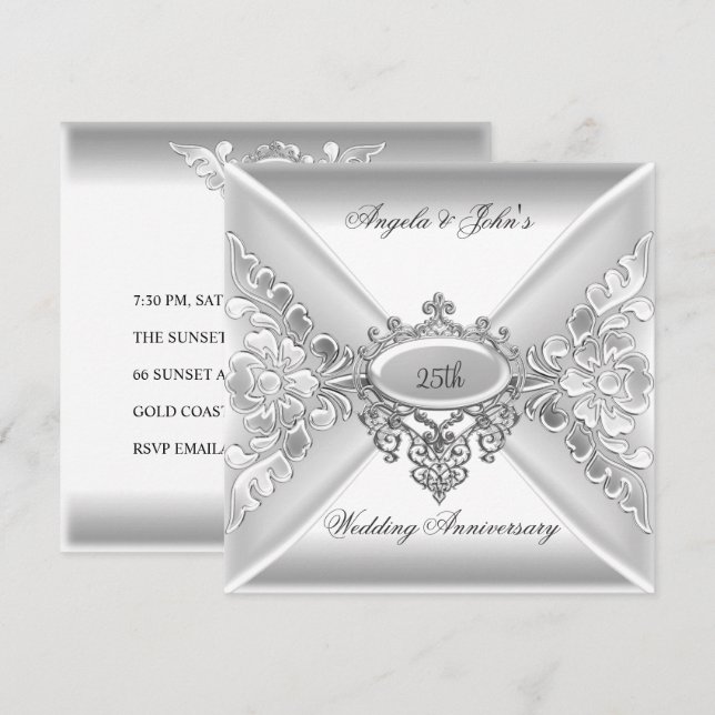 Invitation 25e anniversaire de mariage élégant argent blanc (Devant / Derrière)