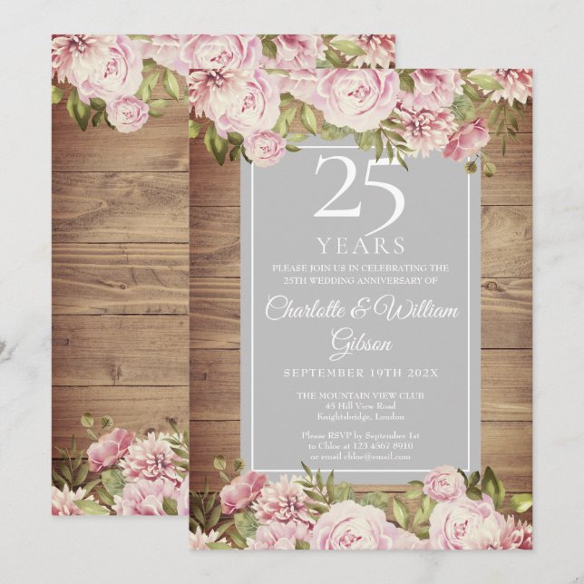Invitation 25e Anniversaire de Mariage en Argent Roses Rustiq (Devant / Derrière)