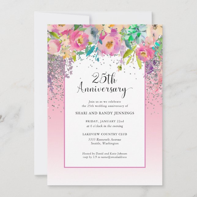 Invitation 25e anniversaire de mariage Fleurs Argent Rose (Devant)
