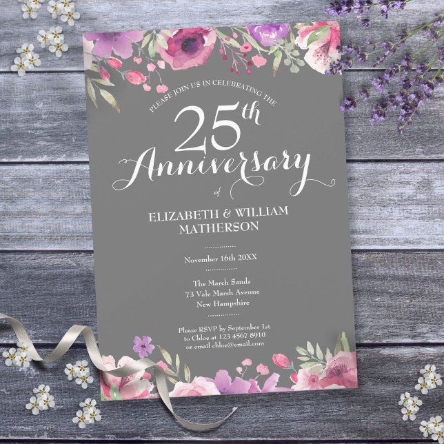 Invitation 25e Anniversaire de Mariage Fleurs de Campagne (25th Silver Wedding Anniversary Country Floral Invitation)
