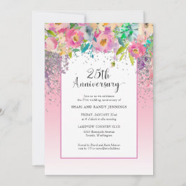 Invitation 25e anniversaire de mariage floral argent rose