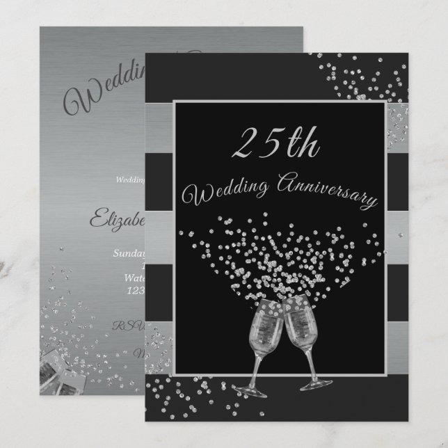 Invitation 25e Anniversaire de Mariage Noir Argent Chic Éléga (Devant / Derrière)