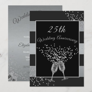 Invitation 25e Anniversaire de Mariage Noir Argent Chic Éléga