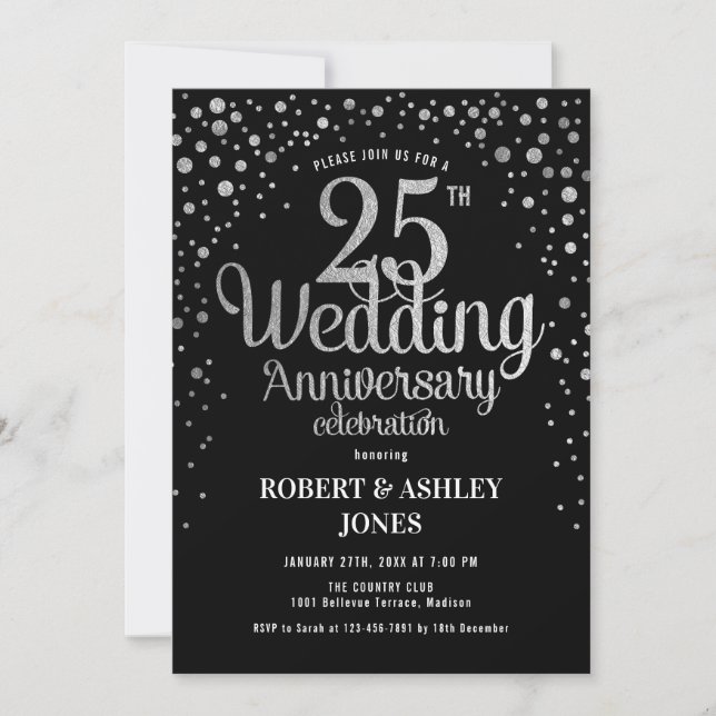 Invitation 25e anniversaire de mariage - Noir et argent (Devant)