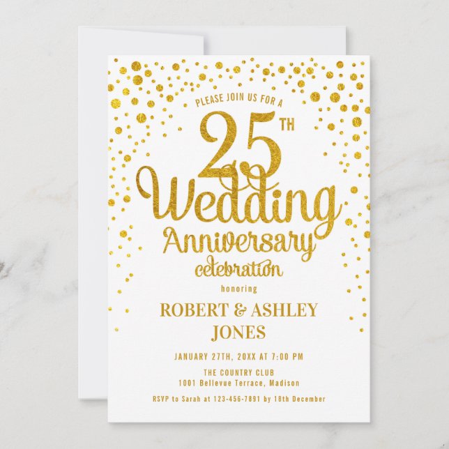 Invitation 25e anniversaire de mariage - Or & Blanc (Devant)