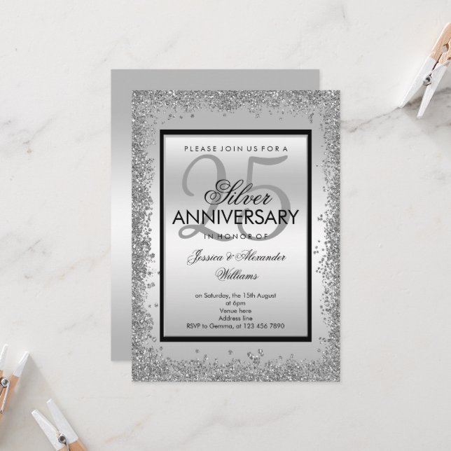 Invitation 25e anniversaire de mariage pailleté argent et noi (Devant/Arrière en situation)