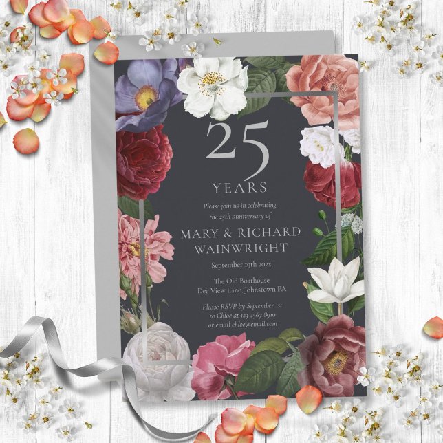 Invitation 25e Anniversaire de Mariage Rose de Campagne Argen (25th Silver Wedding Anniversary Country Rose Invitation)