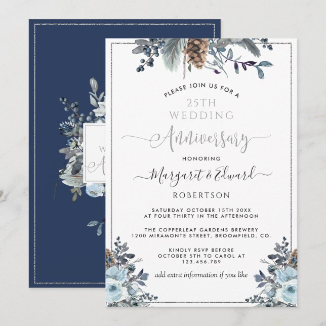 Invitation 25e anniversaire du Mariage, argent, bleu marine f (Devant / Derrière)