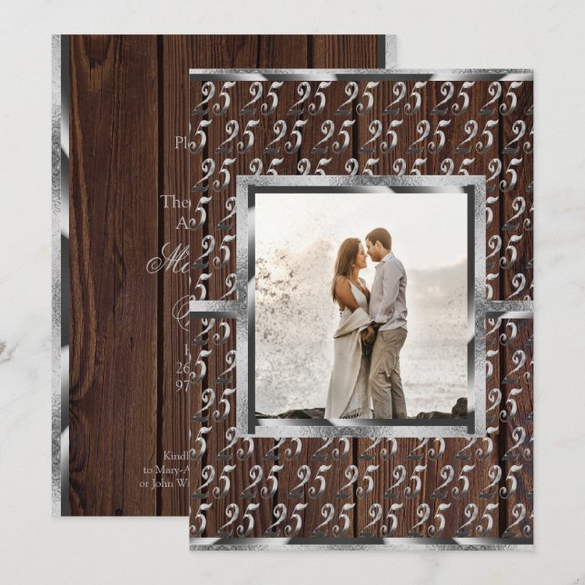 Invitation 25e anniversaire du Mariage Argent Bois rustique (Devant / Derrière)