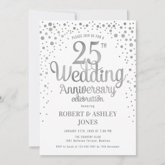 Invitation 25e anniversaire du Mariage - Argent et Blanc (Devant)