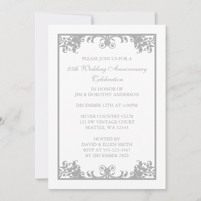 Invitation 25e anniversaire du Mariage Argent Flourish Scroll (Devant)