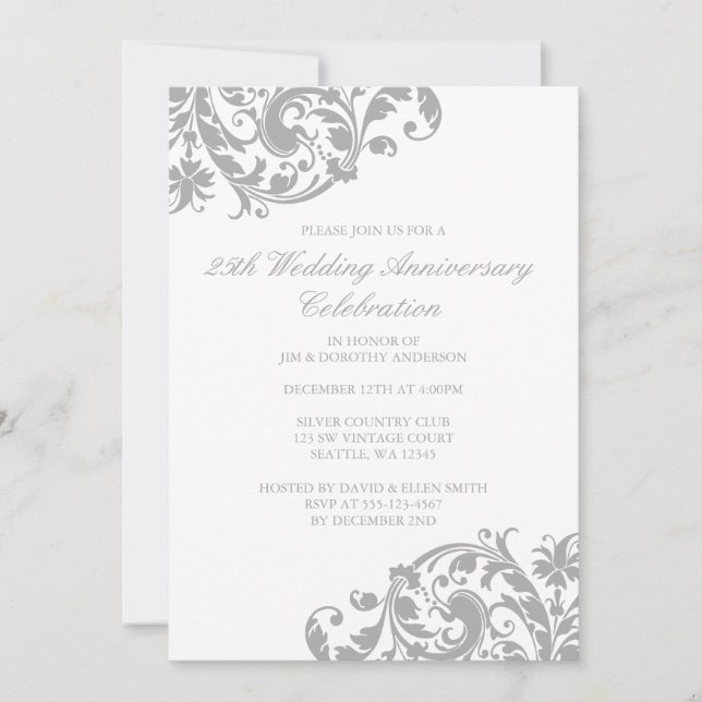 Invitation 25e anniversaire du Mariage Argent Swirl fleurit (Devant)