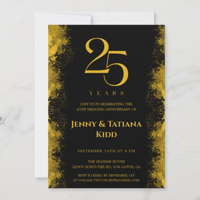 Invitation 25e anniversaire du Mariage Black & Gold (Devant)