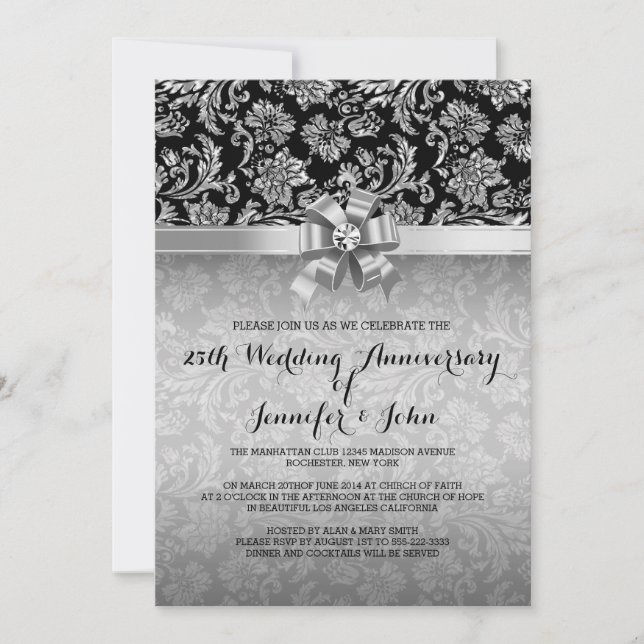 Invitation 25e anniversaire du Mariage Damas noir et argent 2 (Devant)
